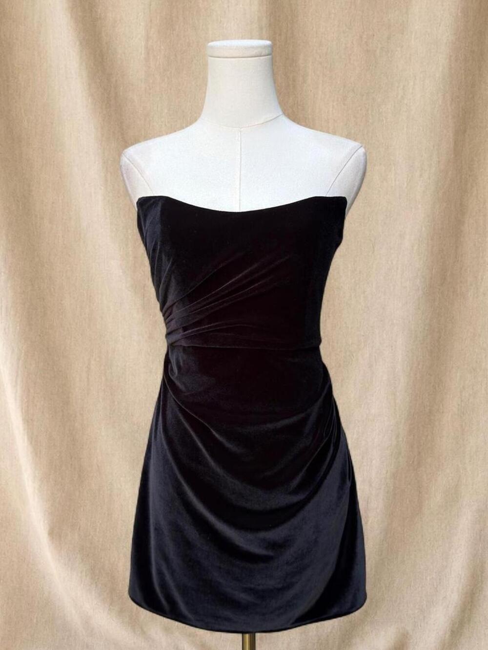 Black velvet strapless mini dress with ruching detail